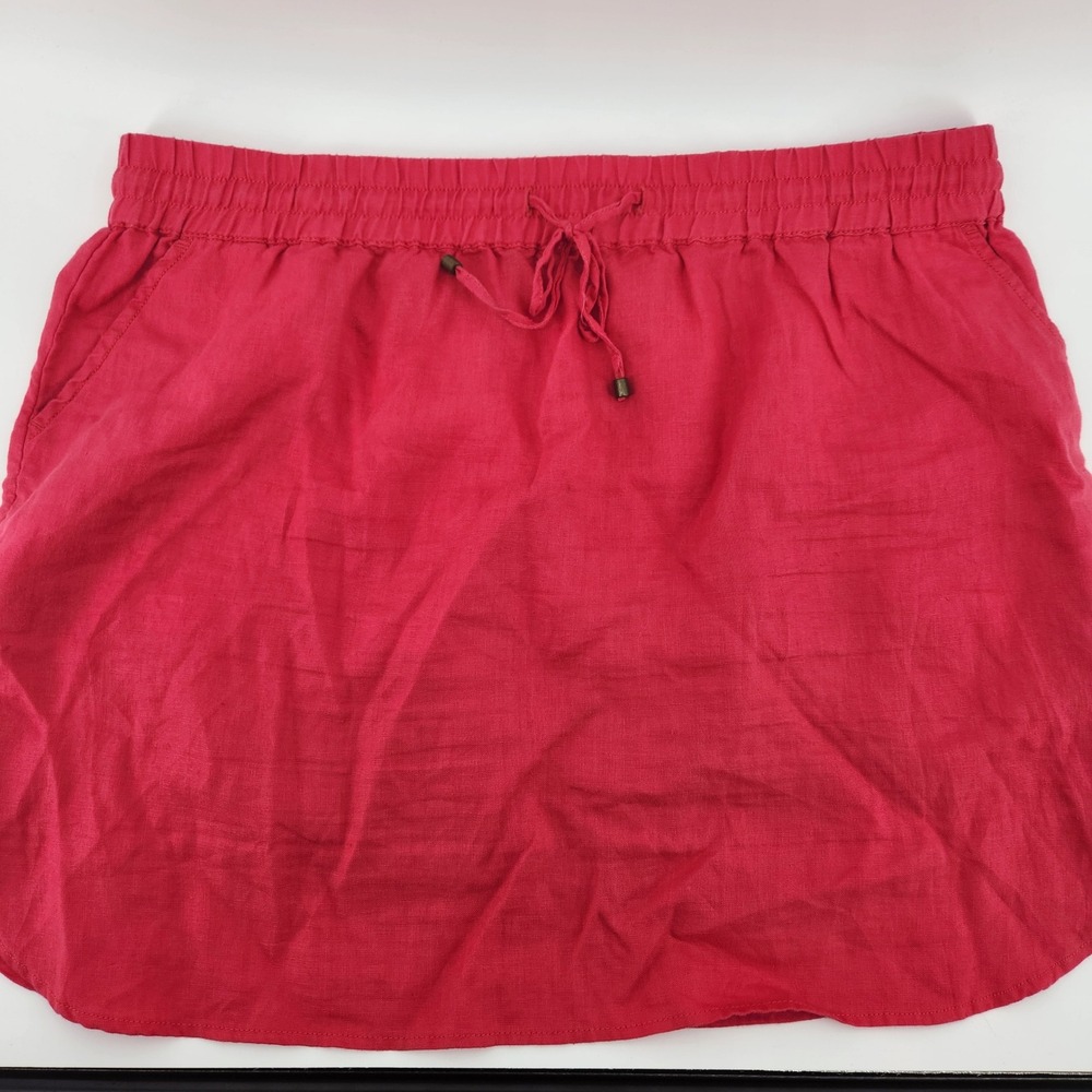 Womens XL 100% Linen Mini Skirt Elastic Drawstring Waist Pocket Summer Preppy